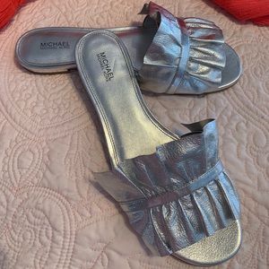 Michael Kors Bella Ruffle Slides Silver